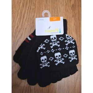 Capelli Knitted 2 Pairs  Black Skull Open Fingers Knit Gloves Boys Small 6-7